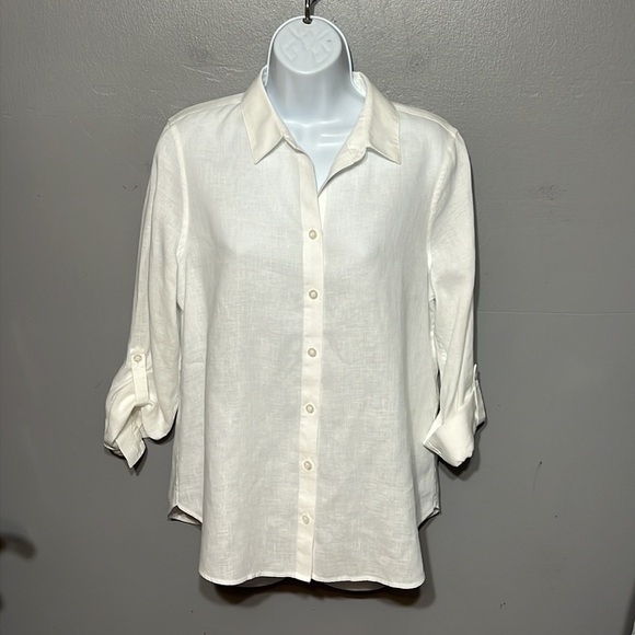 Chico’s Classic-Fit No-Iron Linen Shirt Long Sleeve Crisp White Button Up Top - Picture 11 of 13